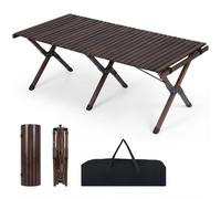 CostwayTable de Camping Pliante en Bois Table de Pique-nique 4-6 Personnes Plateau à Lattes Enroulable Sac de Transport 122 x 60 x 45 cm Café