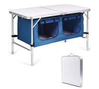 CostwayTable de Camping Pliante Table de Jaridn en Aluminium Pliable et Compacte - 2 Compartiments de Rangement Réglable en Hauteur Bleu