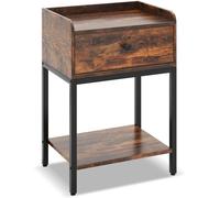 CostwayTable de Chevet avec Station de Recharge Table d'Appoint Industrielle avec Tiroir et Étagère de Rangement Cadre en Métal Robuste Bout de Canapé Marron Rustique