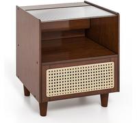 CostwayTable de Chevet avec Tiroir Table d'Appoint en Bambou avec Plateau en VerrePieds en Bois Massif 43 x 35 x 50 cm Brun