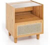 CostwayTable de Chevet en Rotin de Bambou Table de Chevet Bohème Tiroir et Pieds en Bois Massif Table D'appoint Espace de Rangement Caché Naturel