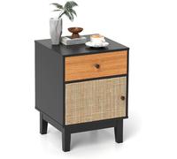 CostwayTable de Chevet en Rotin Table de Nuit Moderne du Milieu Du Siècle Tiroir de Rangement et Armoire Noir et Marron