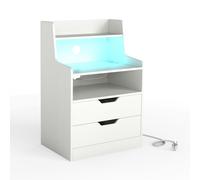 CostwayTable de Chevet LED avec Station de Charge Table de Nuit avec 2 Tiroirs Étagère Ouverte Commode de Rangement Moderne Blanc