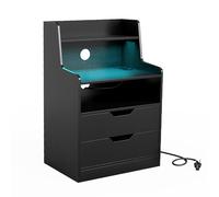 CostwayTable de Chevet LED avec Station de Charge Table de Nuit avec 2 Tiroirs Étagère Ouverte Commode de Rangement Moderne Noir