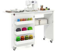 CostwayTable de couture pliable Station de bricolage roulante avec compartiment de rangement 3 conteneurs cachés Table de couture mobile 118,5 x 40 x 79,5 cm Blanc