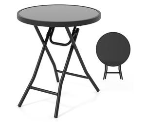 CostwayTable de Jardin Bistro Ronde Pliante de 46 cm Table Basse Extérieur avec Plateau en Verre Trempé Cadre en Métal Robuste Charge 50 kg Noir
