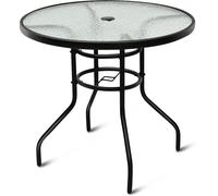 CostwayTable de Jardin Ronde Plateau en Verre Trempé avec Trou de Parasol 4 Cm Capacité 80 Kg en Métal 80x80x72cm Noir