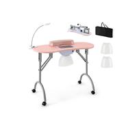 CostwayTable de Manucure Pliante avec Collecteur de Poussière Électrique Bureau d?Esthéticienne avec Lampe LED Flexible Coussin pour Poignet Rose