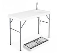CostwayTable de Nettoyage de Poisson Pliante avec Évier 104 CM Table d'Évier de Camping avec Tuyau de Drainage Robinet Structure Métallique Blanc
