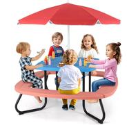 CostwayTable de Pique-Nique pour Enfants Table d'Activité Extérieure avec Parasol Réglable et Pliable 4 Bancs Intégrés pour 3+ Ans Bleu