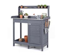 CostwayTable de Rempotage en Bois de Sapin avec Plateau en Acier Inoxydable Table de Jardinage avec Armoire Tiroir Étagères 112 x 46,5 x 125cm Gris