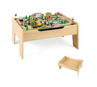 CostwayTable de Train en Bois Jeu de Chemin de Fer d'Activité pour Enfants de 78 Pièces avec Plateau Réversible et Base Canne à Pêche pour 3+ Ans