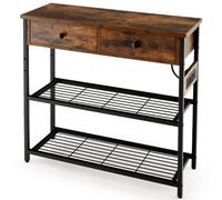 CostwayTable d'Entrée avec Station de Chargement Console Étroite avec 2 Tiroirs & 2 Étagères en Treillis Métallique Bois Café