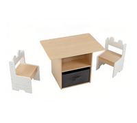 CostwayTable Enfant avec 2 Chaises en Bois Ensemble Table et Chaises avec 2 Compartiments Ouverts Tiroir Pliable en Tissu pour 3 Ans+ Blanc