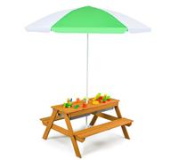 CostwayTable et 2 Bancs 3 en 1 pour 4 Enfants de Jardin avec Parasol 2 Boîtes pour Sable & Eau Plateau Amovible 3 -7 Ans Vert et Blanc
