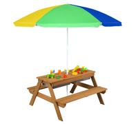 CostwayTable et 2 Bancs 3 en 1 pour 4 Enfants de Jardin avec Parasol 2 Boîtes pour Sable & Eau Plateau Amovible 3 -7 Ans Marron