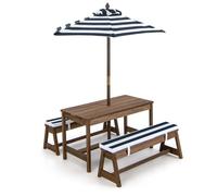 CostwayTable et 2 Bancs de Jardin avec Parasol et Coussins en Sapin Table de Pique-nique pour 4 Enfants Bleu