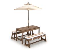 CostwayTable et 2 Bancs de Jardin avec Parasol et Coussins en Sapin Table de Pique-nique pour 4 Enfants Café