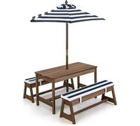 CostwayTable et 2 Bancs de Jardin avec Parasol et Coussins en Sapin Table de Pique-nique pour 4 Enfants Bleu
