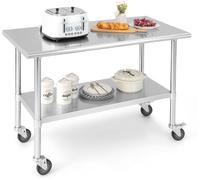 CostwayTable Plan de Travail Cuisine à Roulettes en Acier Inoxydable à 2 Niveaux avec Étagère Inférieure Réglable Charge Max 250KG