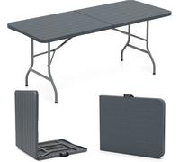 CostwayTable Pliable Portable 180 cm Table Pliable en Deux avec Plateau HDPE Effet Bois Mécanisme de Verrouillage Sécurisé pour Fête Camping Gris