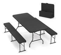 CostwayTable Pliante 6 Personnes en HDPE avec Poignée de Transport Charge 100kg + 2 Bancs Pliables en Plastique de 182cm avec Dessus en PEHD Noir