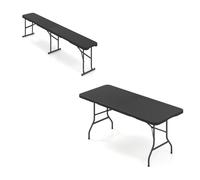 CostwayTable Pliante 6 Personnes en HDPE avec Poignée de Transport Charge 100kg + Bancs Pliables en Plastique de 182cm avec Dessus en PEHD Noir