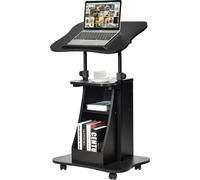 CostwayTable Pupitre à Roulettes pour Ordinateur Hauteur et Angle Réglables 2 Etagères en Fer et Bois 55x46x66-110cm Noir