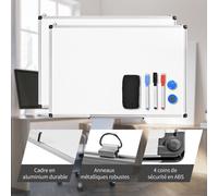 CostwayTableau Blanc Effaçable Surface Magnétique avec Cadre en Aluminium 2 Aimants 3 Stylos et Effaçable à Sec 70 x 50 CM