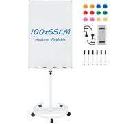 CostwayTableau Blanc Magnétique Mobile 100x65cm Tableau Effaçable à Sec Roulant Hauteur Réglable Support Rond Stable Blanc