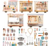 CostwayTableau d'Activités Mural en Forme de Train pour Enfants avec Commode Boîte à Outils Cuisine de Jeu Kit de Médecin & Bar à Collation Macaron