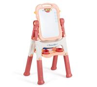 CostwayTableau Enfant Double Face 4 en 1 avec Hauteur Réglable Pivotant à 360° avec Tableau Noir Magnétique&Blanc 22 Accessoires pour 3+ Ans Rose