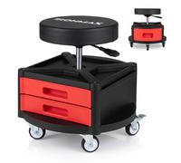 CostwayTabouret d'Atelier Mobile Capacité de Charge 150KG Tabouret de Mécanicien sur Roulettes avec Plateaux à Outils Hauteur Réglable Tiroir Rouge