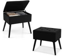 CostwayTabouret de Coiffeuse avec Rangement Pouf en Velours avec Pieds en Bois Massif & Siège Rembourré Rabattable Tabouret Repose-pieds Noir