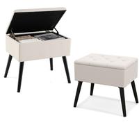 CostwayTabouret de Coiffeuse avec Rangement Pouf en Velours avec Pieds en Bois Massif & Siège Rembourré Rabattable Tabouret Repose-pieds Beige