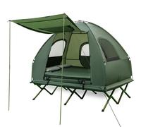 COSTWAY Tente de Camping 2 Places 5 en 1-Matelas Oreiller Gonflables-Auvent Tissu Polyester-Sac à Roulettes-Tiges en Fibre de Verre