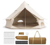 CostwayTente de Camping Cloche Familiale 2-4 Personnes Yourte Imperméable 4 Saisons avec Trou pour Poêle à Bois Fenêtres Respirantes Beige