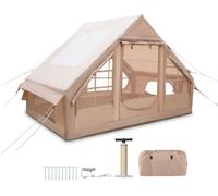 CostwayTente de Camping Gonflable pour 4-6 Personnes Grande Tente Familiale avec Pompe Fenêtres en Moustiquaire 2 Portes Lanterneau Beige