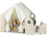 Tente de Jeu COSTWAY 6 en 1 : Tableau noir, Bac de Rangement,Tapis de Jeu, Ensemble Table et Chaises, pour 3 - 4 Enfants