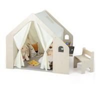 CostwayTente de Jeu Intérieure 6 en 1 en Bois pour Enfants Tableau Noir Table de Bureau Chaise Bac de Rangement Tapis de Sol pour les 2-6 ans Beige