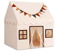 CostwayTente de Jeu pour Enfants avec Tapis Antidérapant Matelassé Drapeaux Guirlande Lumineuse Globale Rideaux en Maille Fenêtres 3-14 Ans Beige
