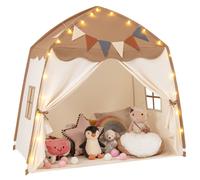 CostwayTente de Jeu pour Enfants de 3 à 12 Ans Tente de Lit pour Tout-Petits avec Drapeaux et Guirlandes Lumineuses Lavable en Machine Café