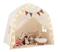 CostwayTente de Jeu pour Enfants de 3 à 12 Ans Tente de Lit pour Tout-Petits avec Drapeaux et Guirlandes Lumineuses Lavable en Machine Beige