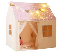 CostwayTente de Jeu pour Enfants Maison de Jeu avec Guirlande Lumineuse Drapeaux et Tapis Rembourré avec Rideaux en Maille pour 3 Ans + Rose