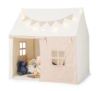 CostwayTente Maison de Jeu Tapis Rembourré 2 Fenêtres 2 Poches de Rangement Lumières Étoiles Bannière de Fanions Tente pour Enfants de 3-8 Ans Beige