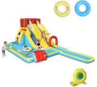 CostwayToboggan Aquatique Gonflable avec Double Toboggan Mur d'Escalade et Panier de Basket Château Gonflable Extérieur Parc Aquatique