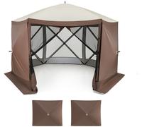 CostwayTonnelle 350 x 350cm à Ouverture Instantanée 6 Côtés avec Parois en Maille 2 Pare-Vent Amovibles Sac de Transport pour 8 à 10 Personnes Café
