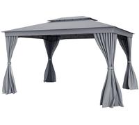 CostwayTonnelle 397x296cm avec Moustiquaire Rideau Toit à Auvent à 2 Niveaux Structure en Métal Robuste Gazebo à Double Toit Imperméable Gris