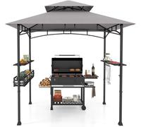 CostwayTonnelle Barbecue Exterieur Auvent Abri Barbecue 2 Tablettes de Service Toit Ventilé Grand Panier Crochets Ouvre-Bouteille Gris