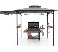 CostwayTonnelle de Barbecue 318 x 153 cm avec Auvent Latéral Abri Barbecue Cadre en Métal avec Dessus à 2 Niveaux 2 Etagères Gris